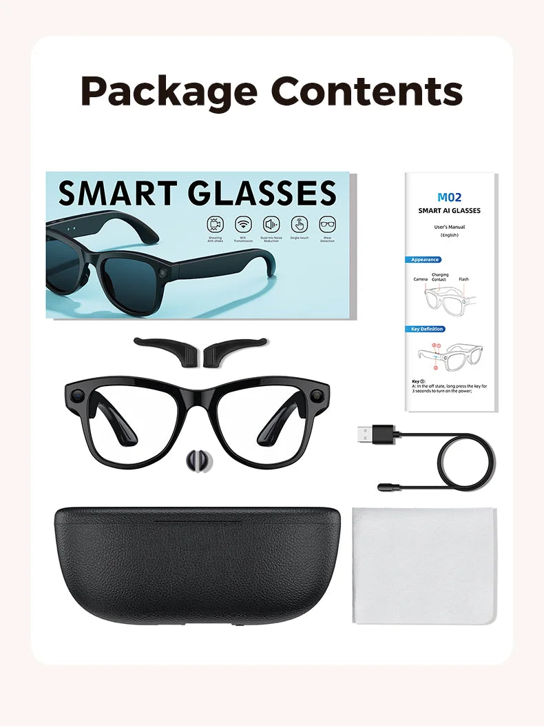 Newest Smart Glasses with Exclusive Charging Case M02 Ultra 4K HD Camera AI Translation Recognition Bluetooth Call Music Glasses